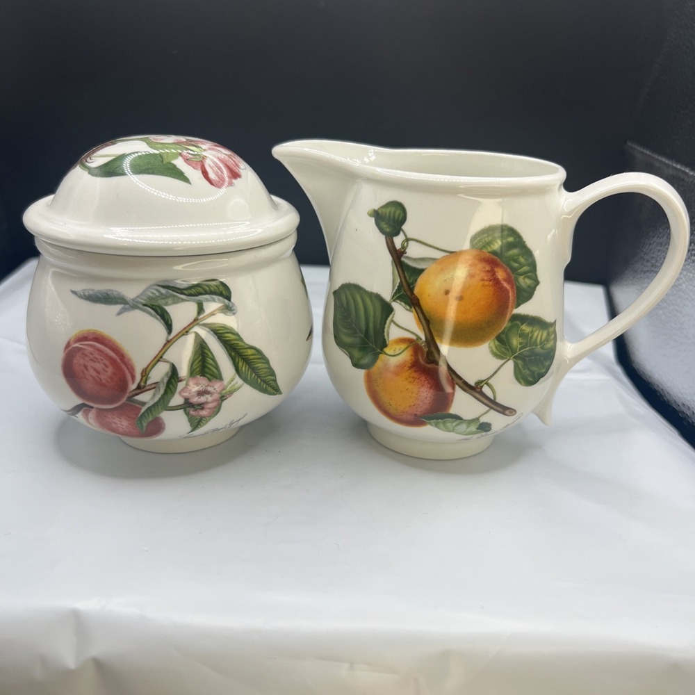 Vtg Portmeirion Pomona Creamer Lidded Sugar Bowl Set Apricot Peach Britain 3pc
